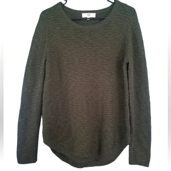 Pinque Axelia Open Knit Olive Green Sweater Size Medium Rib Knit Trim - Picture 1 of 6